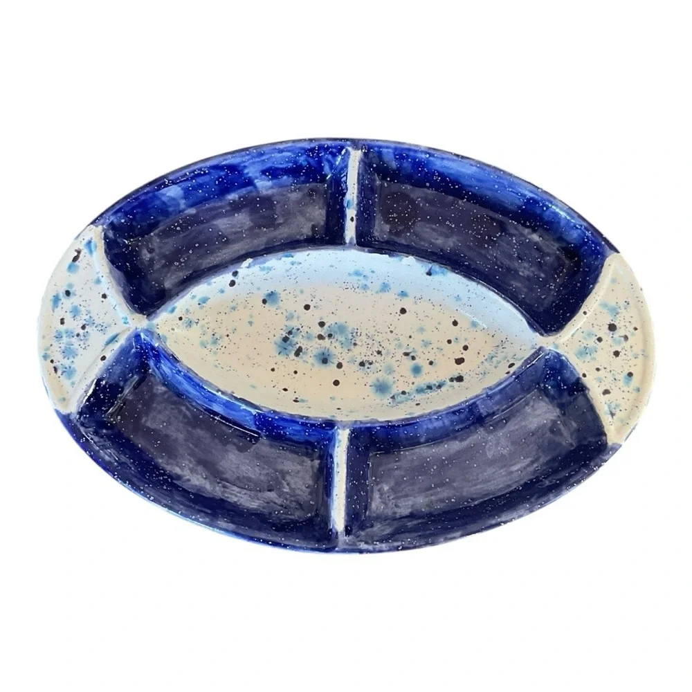 Handmade Italian Pottery Divided Serving Dish – Blue & White Glaze